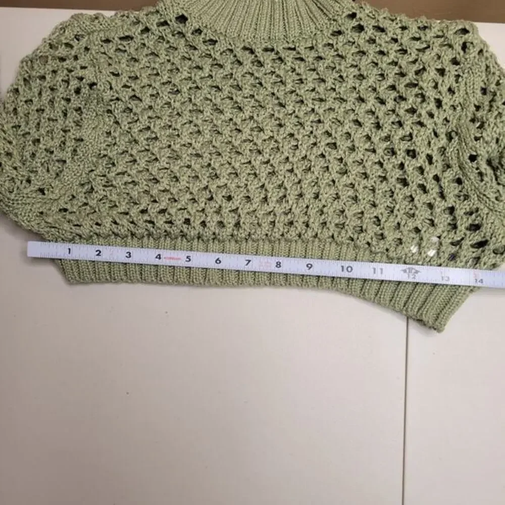 Cropped‎ Sweater Fish Knit Size Large Olive Green Cover Up Crochet Club